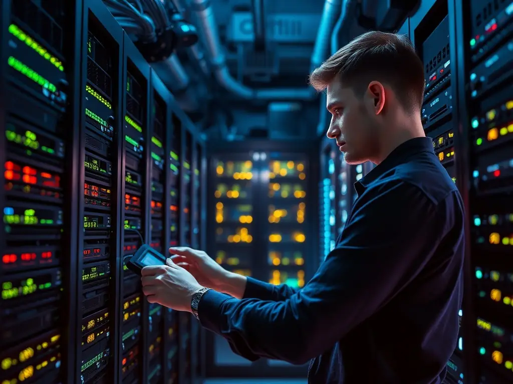 A technician is performing routine maintenance on a UPS system in a data center, checking connections and ensuring optimal performance.