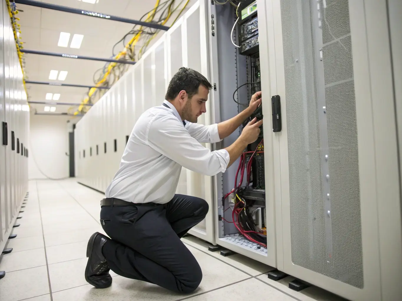 A technician is replacing batteries in a UPS unit in a server room, ensuring the backup power system is ready for any outage.